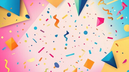 Vibrant celebration background with geometric shapes and confetti elements