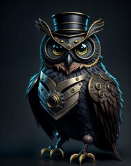 Steampunk owl with top hat and mechanical eye patch