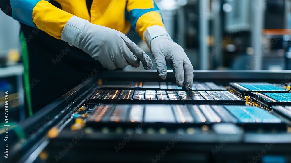 Poster high tech worker installing advanced microchips precision technology manufacturing process modern in