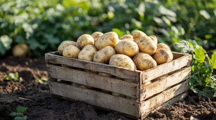 Freshly Harvested Organic Potatoes in Rustic Wooden Crate Rural Farm Setting Sunlight Golden Brown Vegetables Healthy Food Agriculture Harvest Autumn Season Potato Farming Agricultural Produce Farm   
