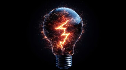 A Stunningly Stylized Image of a Fiery Light Bulb with a Lightning-Shaped Filament Emitting Intense Sparks Against a Dark Background Atmosphere