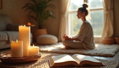 Cozy indoor scene with woman practicing mindfulness. Candles, open book, essential oils nearby. Soft lighting creates relaxing atmosphere. Meditation, self-care, wellness. Large space for mental