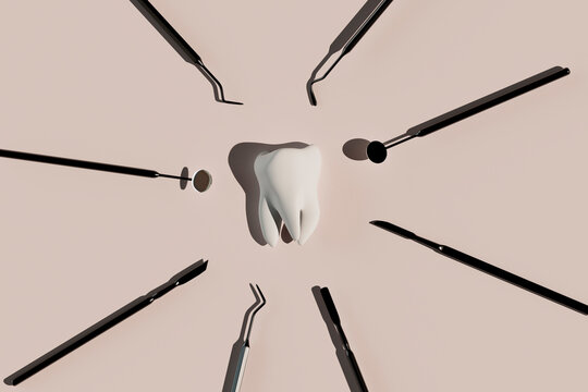 3D render of a molar tooth with surrounding dental instruments