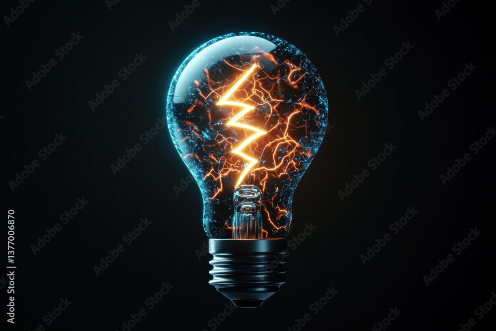 Poster a digitally rendered light bulb with a glowing lightning bolt filament showcasing innovation and cre