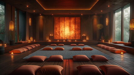 Naklejka premium Luxurious Meditation Room with Cushions and Ambient Candlelight