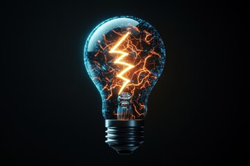 A digitally rendered light bulb with a glowing lightning bolt filament showcasing innovation and creativity against a dark and minimalistic background
