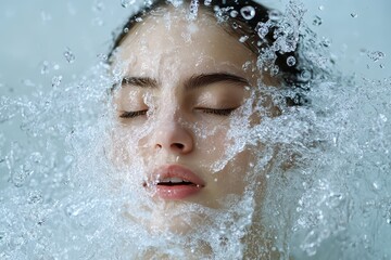 Woman immersed in water with serene expression