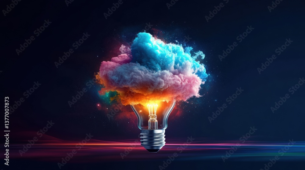 Poster a glowing lightbulb emitting vibrant colorful smoke clouds against a dark background with soft light