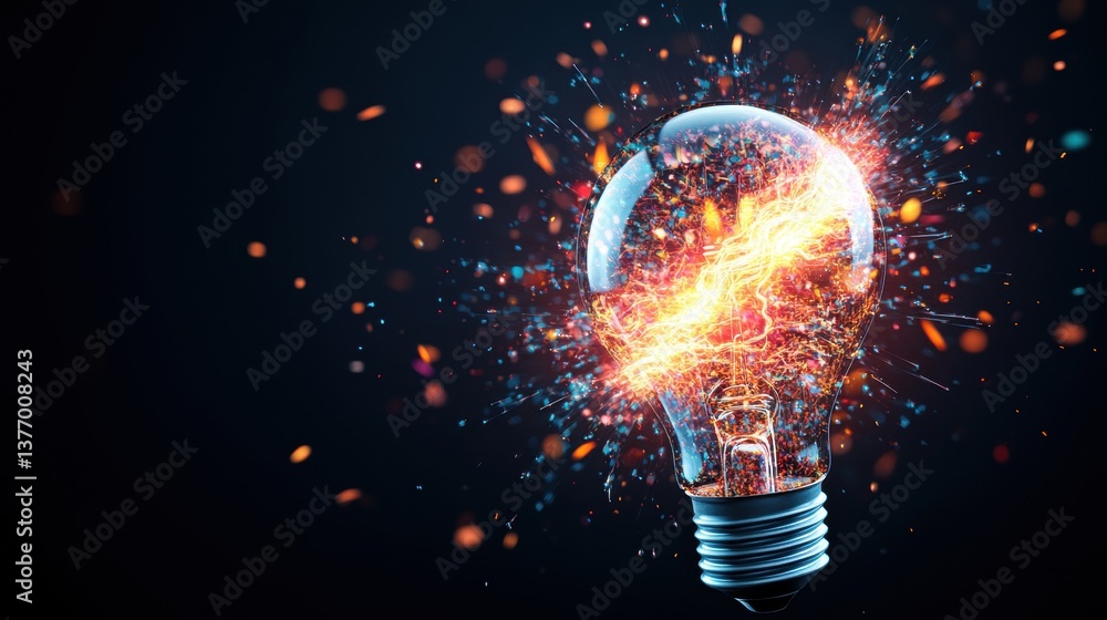 Aufkleber exploding lightbulb emits fiery sparks and vibrant energy in a dramatic display, illuminating the da