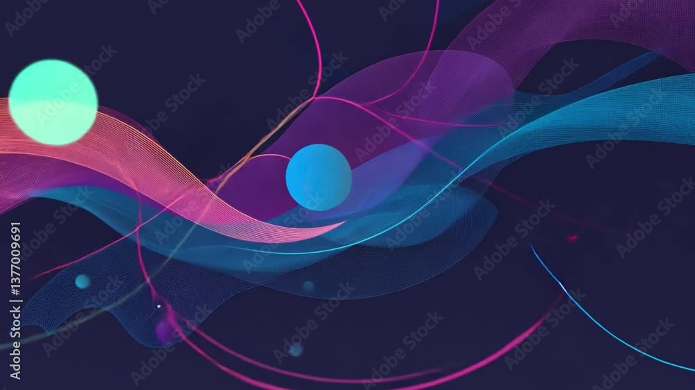 Poster dynamic abstract waves colorful spheres in motion create energetic digital background design