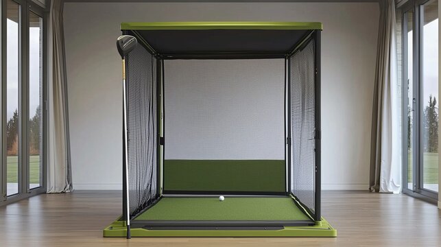 Portable indoor golf station with retractable nets, swing aids, and ball trays, modern ergonomic design, neutral tones