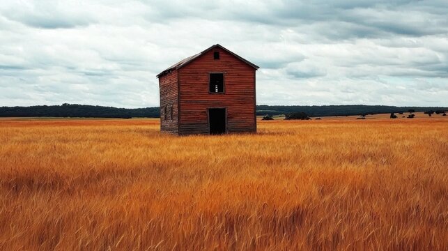 Abandoned wooden cabin in a golden wheat field under a cloudy sky.