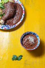 Mexican traditional mole poblano sauce and chicken with rice with mole poblano on yellow background