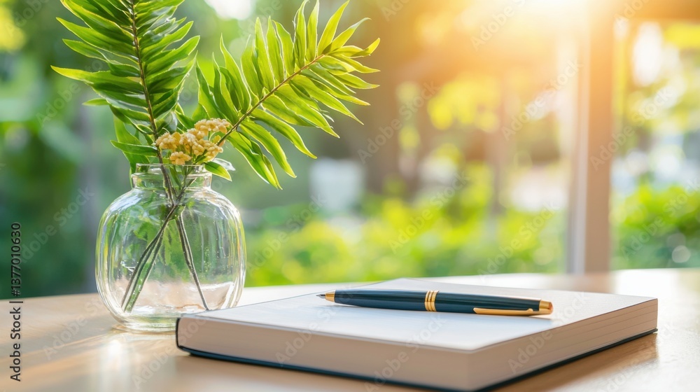 Poster a peaceful and inviting writing nook with a soft-covered notebook, desk lamp, and shelves of books, 