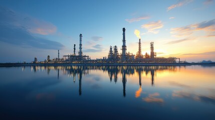 Naklejka premium Stunning reflection of a large oil refinery complex with multiple towers and chimneys against a colorful sunset sky mirrored in the calm waters below