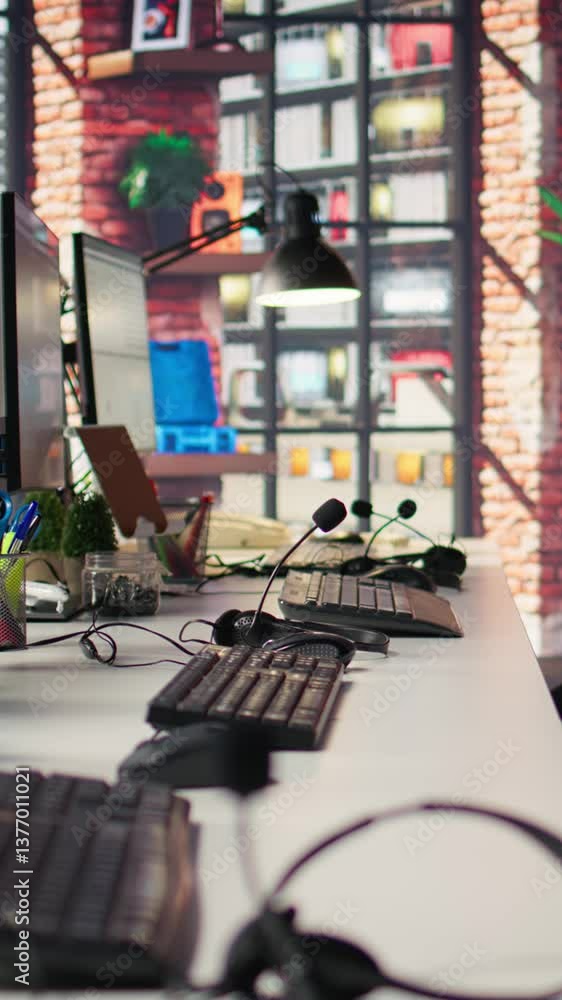 Poster vertical video customer support office with pc devices used to assist customers with technical issue