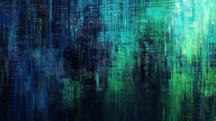 Abstract teal and green digital glitch art with vertical streaks