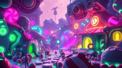 Futuristic Candy Town with Neon Lights and Pink Sky Landscape