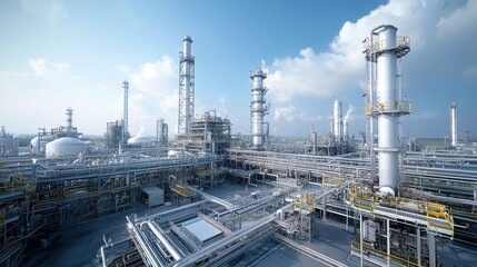 Obraz premium Expansive industrial complex with multiple high rise processing towers storage tanks and an intricate network of pipelines and infrastructure for the production and distribution of oil and gas