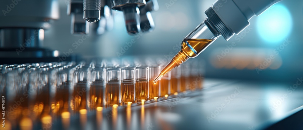 Poster a digital representation of a highly advanced pipetting system used in a modern scientific laborator