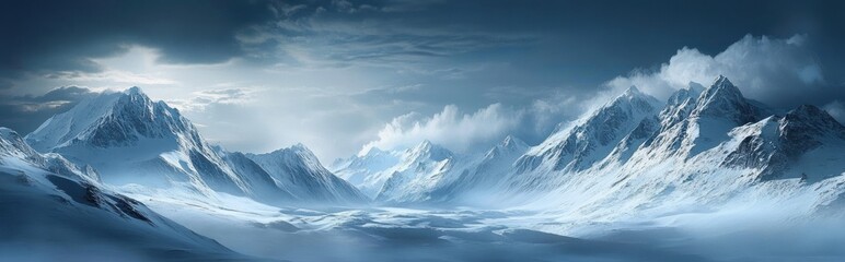 Majestic Snow Covered Mountains Under Dramatic Cloudy Sky