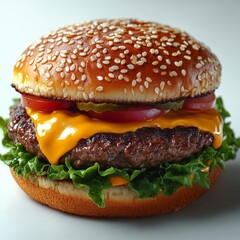 classic cheeseburger with a juicy beef patty melted cheddar fresh lettuce tomato and pickles on a toasted sesame bun fine texture soft diffused lighting clean white backdrop 