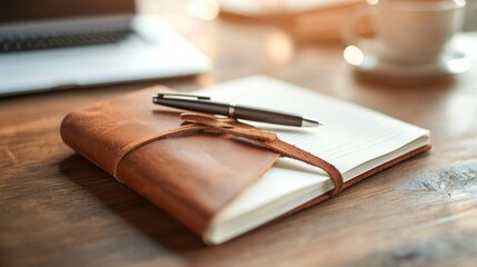 A high-angle overhead view of a simple, minimalist writing desk with a laptop, stationery, and other workspace essentials arranged in a clean, organized manner.