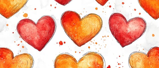 Watercolor hearts in shades of red and orange, scattered on white background with paint splatters