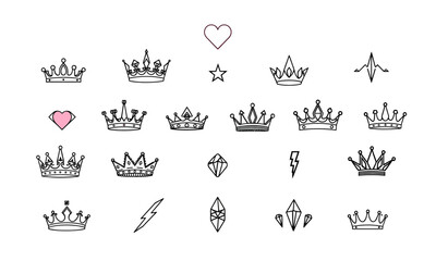 Crown illustrations featuring various designs, including hearts, stars, and gems, create whimsical and royal aesthetic. Perfect for creative projects and celebrations