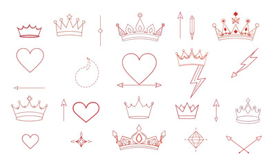 Crown icons, heart symbols, arrows, and lightning motifs create vibrant collection of decorative elements. These designs can enhance various creative projects, adding playful touch