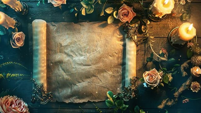 Romantic Vintage Background Mystical Floral Decoration with Parchment, Candles, and Roses in Natures Embrace, Creating Enchanting Atmosphere for Creativity.