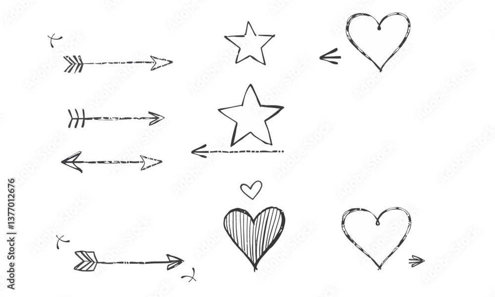 Poster hand drawn symbols including arrows, stars, and hearts create playful and artistic vibe. these eleme