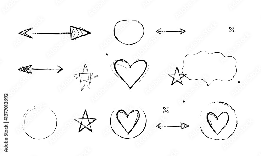 Poster hand drawn symbols including arrows, hearts, stars, and speech bubbles create playful and artistic v