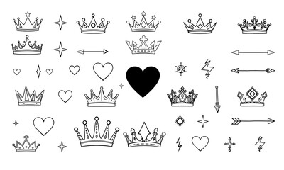 collection of various crown designs, hearts, and decorative elements, showcasing mix of styles and shapes that evoke sense of royalty and love. Perfect for creative projects