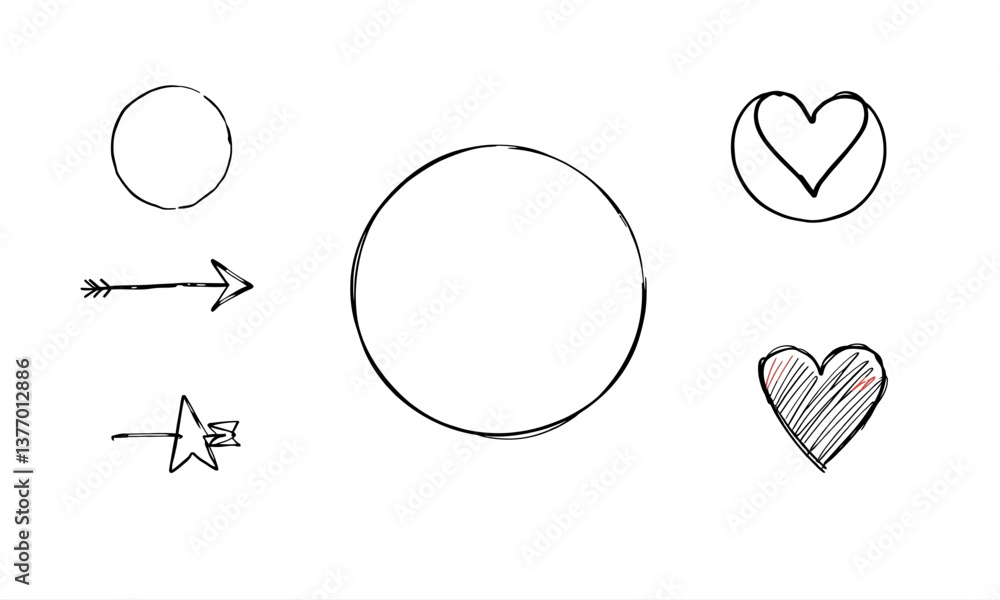 Poster hand drawn symbols including circles, arrows, and hearts create playful and artistic vibe. these ele