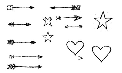 Hand drawn symbols including arrows, stars, and hearts create playful and artistic vibe. These elements can be used for various design projects, adding unique touch to any creative work