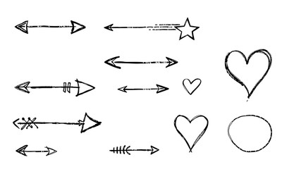 Hand drawn symbols including arrows, hearts, and stars, perfect for adding whimsical touch to designs and crafts. These versatile elements can enhance various creative projects