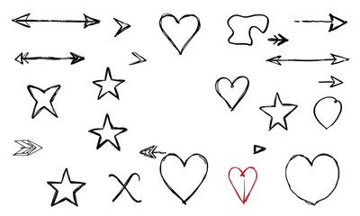 Hand drawn symbols including arrows, hearts, stars, and abstract shapes create playful and artistic vibe. These elements can be used for various design projects, adding whimsical touch