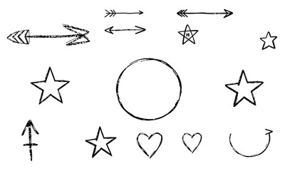 Hand drawn symbols including arrows, stars, hearts, and circles create playful and artistic vibe, perfect for various design projects. These elements can enhance creativity and visual appeal