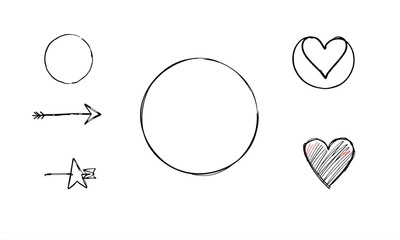 Hand drawn symbols including circles, arrows, and hearts create playful and artistic vibe. These elements can be used in various designs, adding unique touch to creative projects