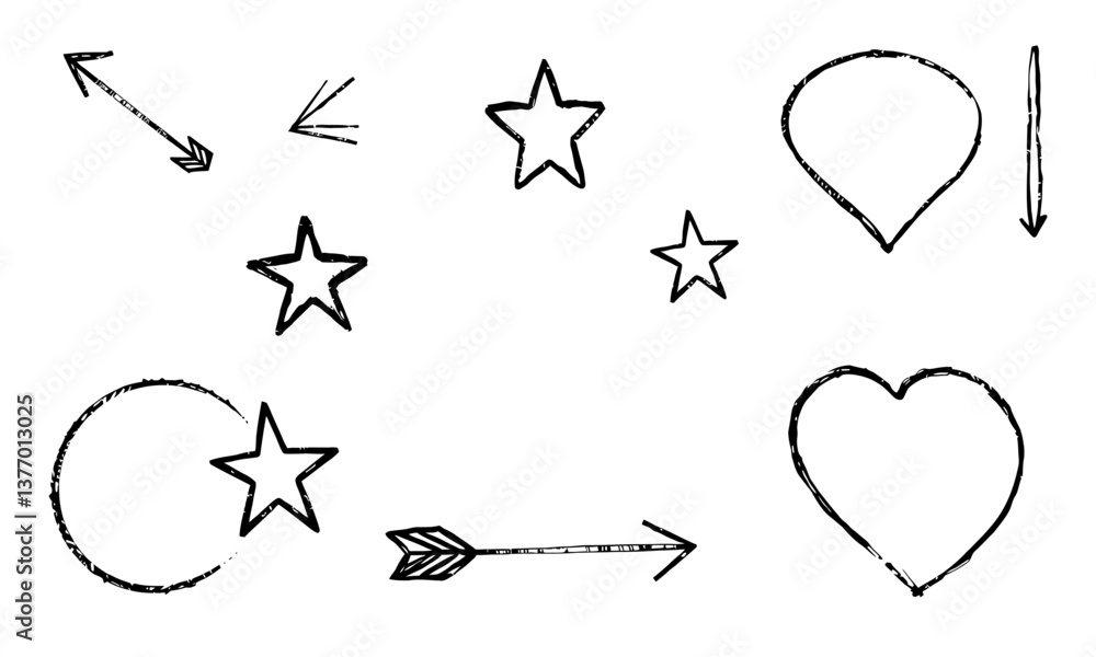 Poster hand drawn symbols including stars, arrows, and shapes create whimsical and artistic vibe. these ele