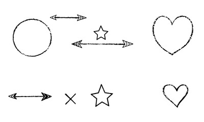 Hand drawn symbols including circle, star, heart, and arrows, showcasing playful and artistic style. These elements can be used for various creative projects, adding whimsical touch