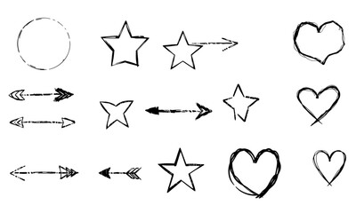 Hand drawn symbols including circles, stars, arrows, and hearts create playful and artistic vibe, perfect for various design projects. These elements can enhance creativity and expression