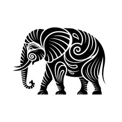 Abstract Black-and-White Elephant Vector with Swirling Ornamental Patterns