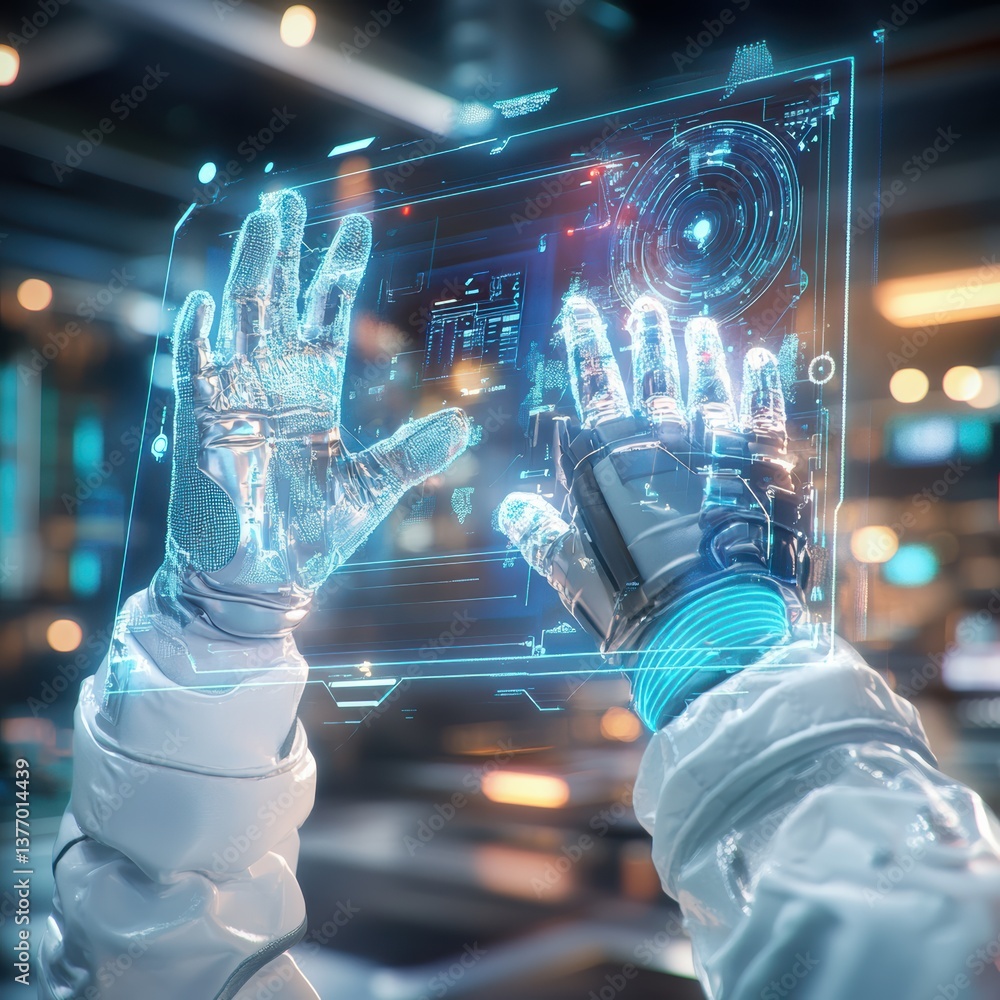Aufkleber futuristic cyberpunk scientist adjusting hi-tech interface in industrial laboratory setting