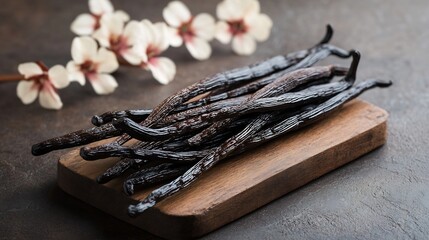 Madagascan Bourbon Vanilla Pods elegantly displayed a dark wooden board moody low key lighting highlighting rich texture and deep brown hues subtle vanilla flowers in the background