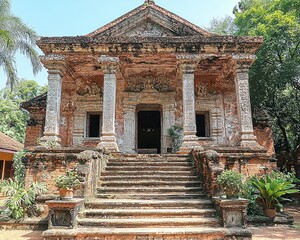 Naklejka premium Weathered stone structure with columns, stairs, and lush greenery. Shows signs of age and decay, yet retains architectural detail