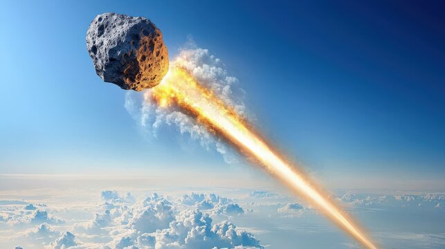 Asteroid impact event outer space digital illustration cloudy sky aerial view catastrophic concept