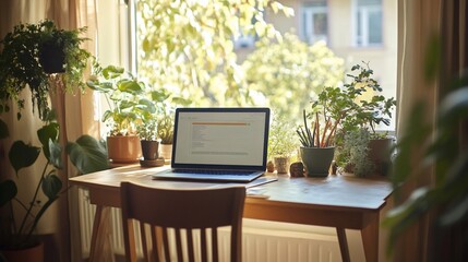 Cozy home office filled with plants and natural light with laptop