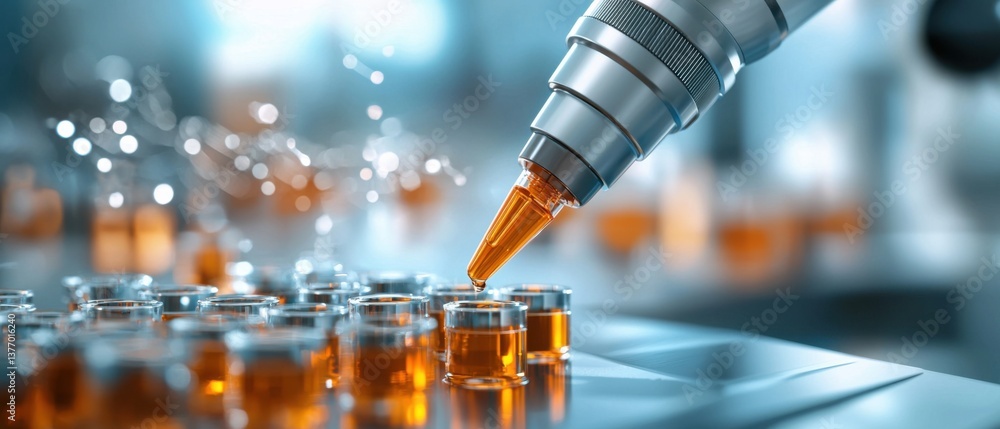 Poster a modern robotic pipette precisely filling multiple test wells with microscopic liquid samples in a 